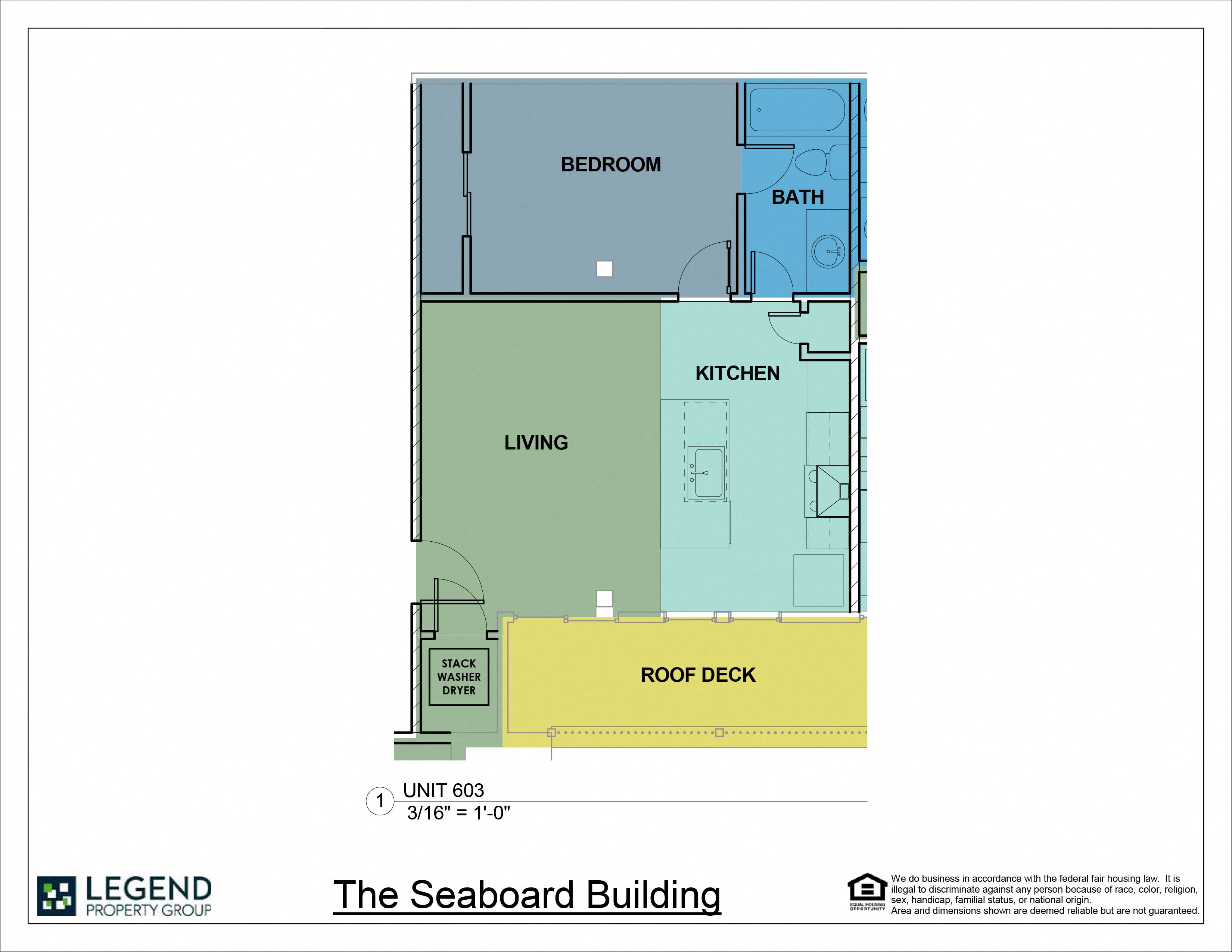 Floor plan for 1 bed, 1 bath, 577 sqft
